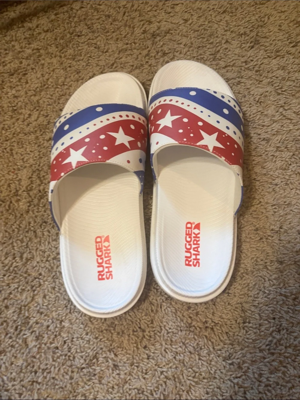 Mens White Slide Sandals with Red & Blue Stars